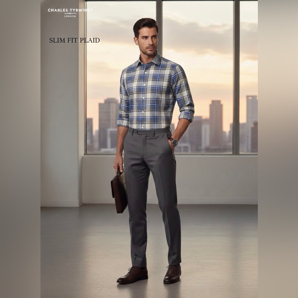 Charles Tyrwhitt Gray & Blue Jermyn Checkered Slim Fit  Button Up shirt size XL